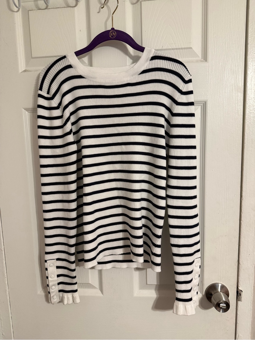 bobeau Black and White Striped Ribbed Long-Sleeve Top